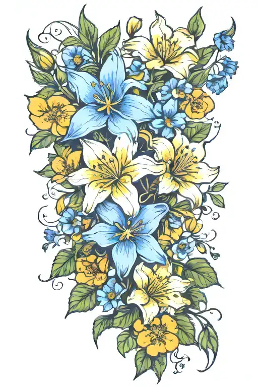 blue columbine, sego lily, california poppy, cherokee rose, black-eyed susan, yellow hibiscus, flowering dogwood flowers tattoo design idea