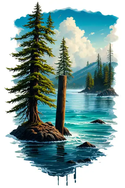 british columbia ocean scene with trees and rockiness in the background and a piling sticking out of the water tattoo design idea