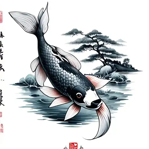 Koi with Japanese landscape tattoo design idea