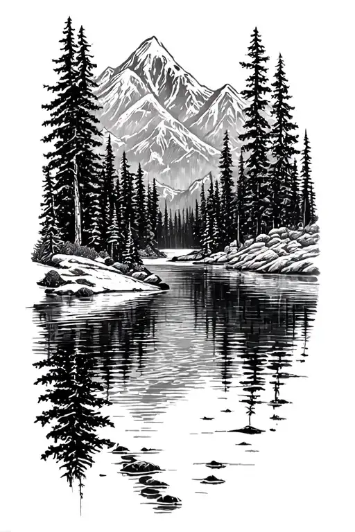 mountains and lake and forest tattoo design idea
