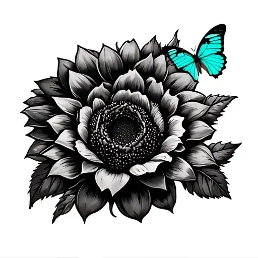 sunflowers, roses and a teal butterfly tattoo design idea