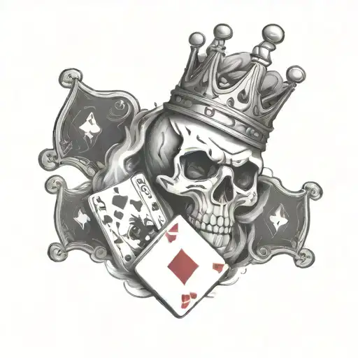 skull with a crown with playing cards and dice rolling with smoke  tattoo design idea