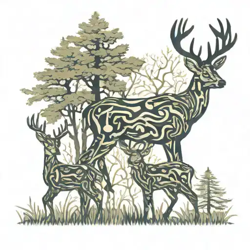 A family of deer walking through a camouflage patterned forest, with each deer representing a family member tattoo design idea