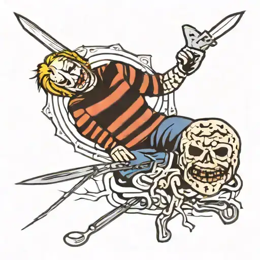 create a scene featuring Michael Myers, Freddy Krueger, Jason Voorhees, Jigsaw, and Chucky. tattoo design idea