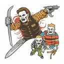 create a scene featuring Michael Myers, Freddy Krueger, Jason Voorhees, Jigsaw, and Chucky. tattoo design idea