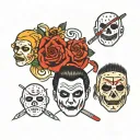 create a scene featuring Michael Myers, Freddy Krueger, Jason Voorhees, Jigsaw, and Chucky. tattoo design idea