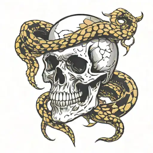 skull with snake going inside of it in black tattoo design idea