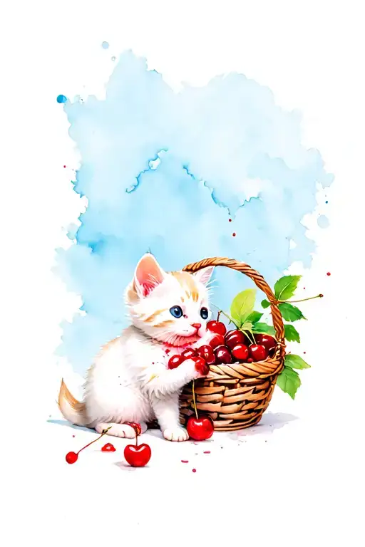 Minimalism, a small white kitten sits next to a basket with berries and eats cherries, a muzzle in red juice tattoo design idea