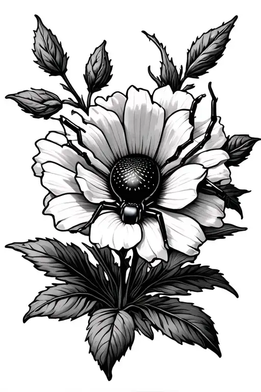 spider black widow on flower growing tattoo design idea