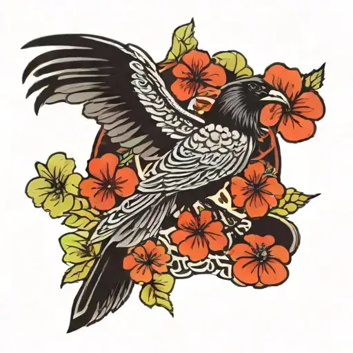 raven, Christian cross and three leaf clover leaf tattoo design idea