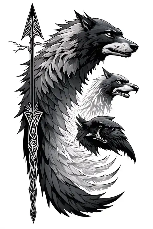 Norse mythology arrow. With wolf head as arrow tip, trees and  runes for arrow stem, and raven wings for arrow tail.   tattoo design idea