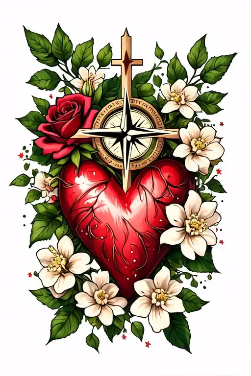 cross with compass, heart centered around roses, jasmine flowers tattoo design idea