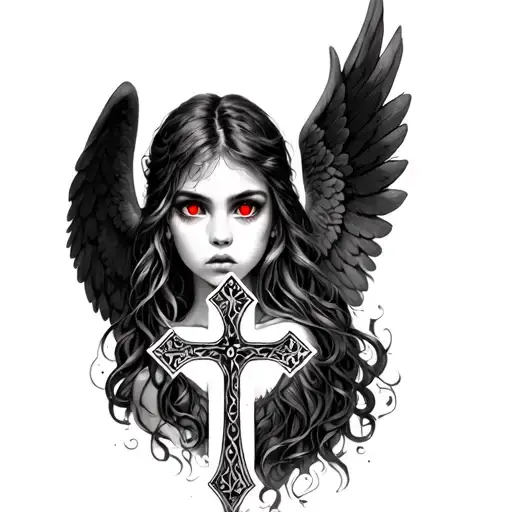 girl , red eyes, angel, cross tattoo design idea