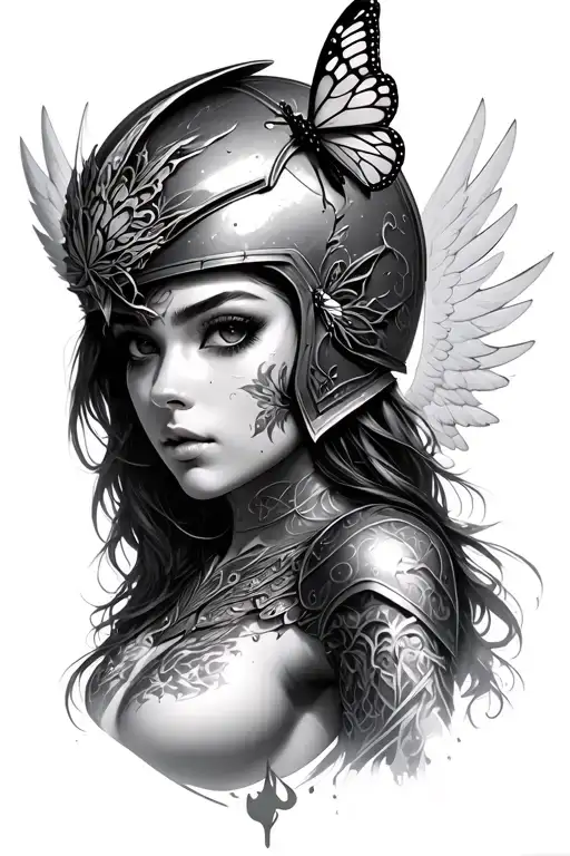 sexy less detail female warrior with helmet with wings with butterfly on warrior face  tattoo design idea