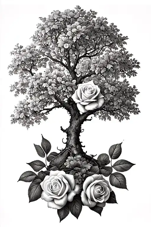 Rowan tree with roses blooming below no color tattoo design idea