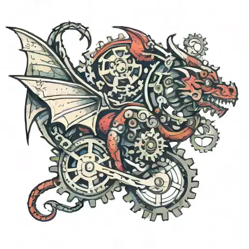 A red dragon with gears and mechanical elements, representing a love for steampunk aesthetics tattoo design idea