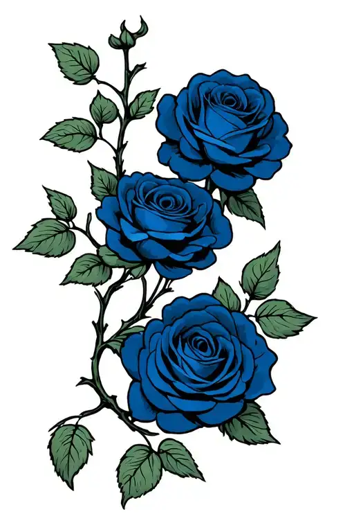vine with greyscale stem and dark blue roses tattoo design idea