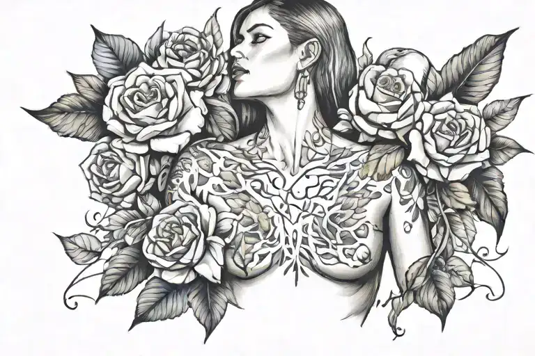 Female symetrical fine line chest tattoo (just bellow collar bones) that would have floral, animalistic elements. tattoo design idea