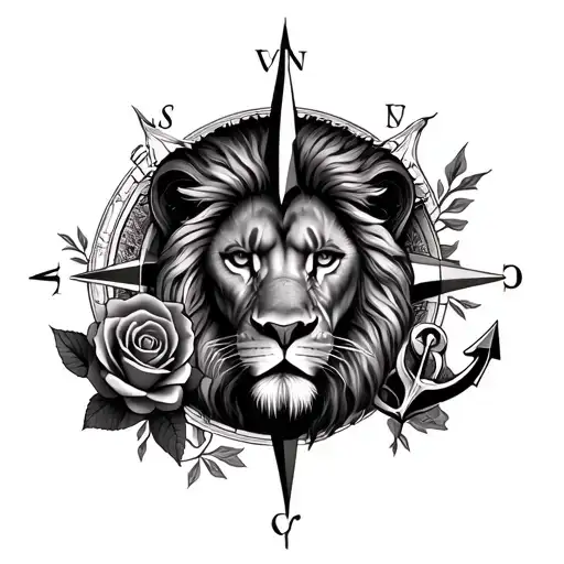 Tattoo sleeve with a lion face as a the base surrounded by a compass, a rose and an anchor. realism black and grey tattoo design idea