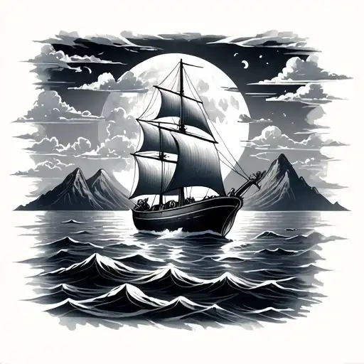 sail boat with mountains in the background, moon and clouds realistic tattoo design idea