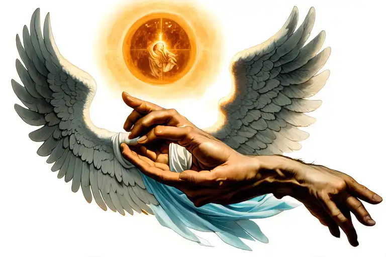 creation of adam hands pointing with angel wings spread in background tattoo design idea
