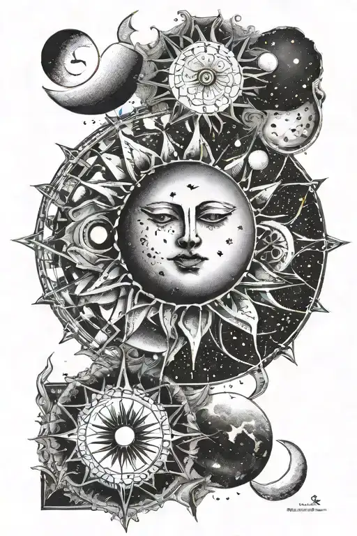 bohemian sun and moon phases tattoo design idea