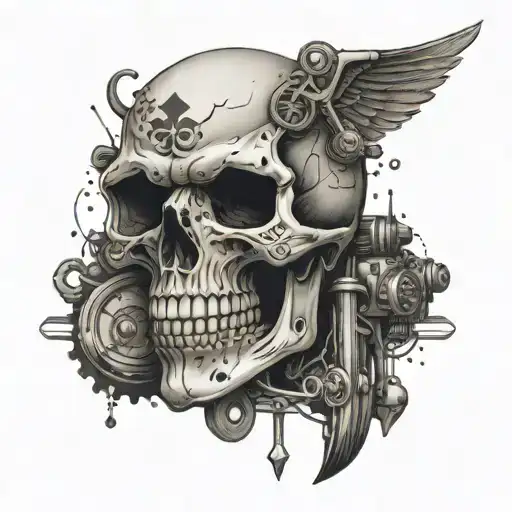 A skull with motorcycle parts and pharmacy symbols intertwined tattoo design idea