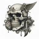 A skull with motorcycle parts and pharmacy symbols intertwined tattoo design idea