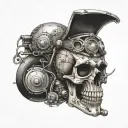 A skull with motorcycle parts and pharmacy symbols intertwined tattoo design idea