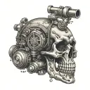 A skull with motorcycle parts and pharmacy symbols intertwined tattoo design idea