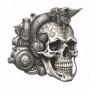 A skull with motorcycle parts and pharmacy symbols intertwined tattoo design idea