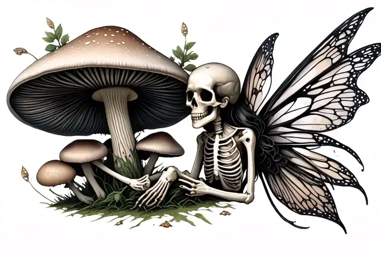skeleton mushroom fairy surrounded by bones and mushrooms  tattoo design idea