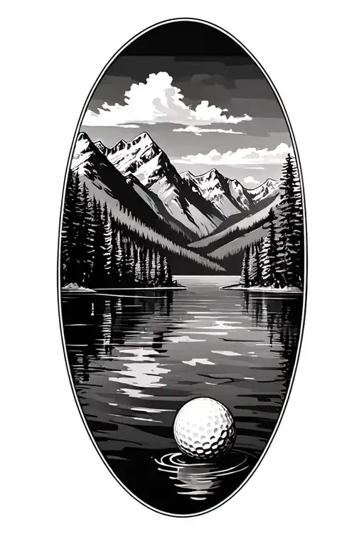 lake surrounded by mountains with golf flag intertwined tattoo design idea