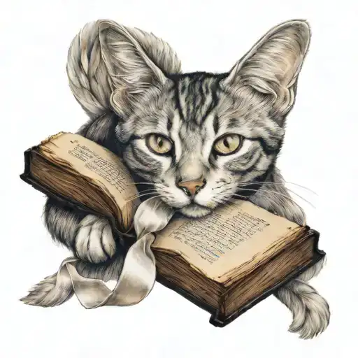 A realistic portrait of a cat with angel wings holding a Bible open to Psalm 37:3, with a ribbon wrapped around its tail that says 'Love Grandma 11,13,53' tattoo design idea