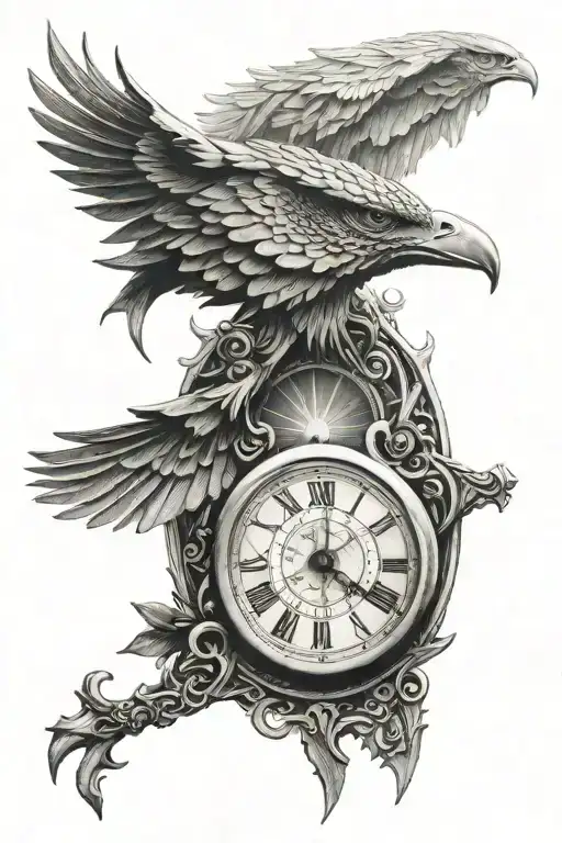 overlapping horus eye, sun, old clock  tattoo design idea