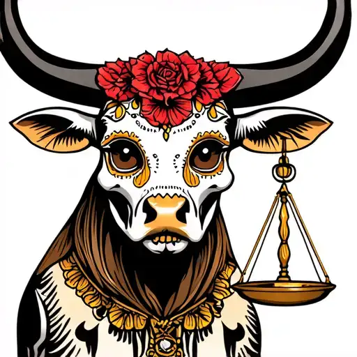 feminine bull with sugar skull markings, brown eyes and two Libra scales and dark background tattoo design idea