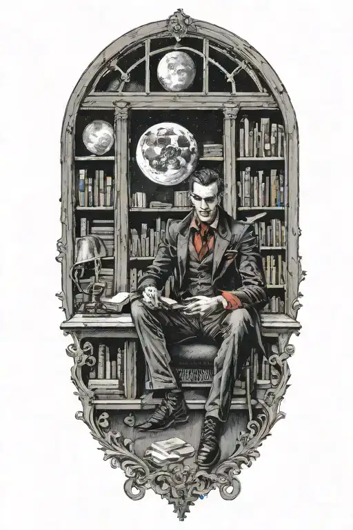 A vampire sitting in an office library. Full moon outside window. Bats  tattoo design idea