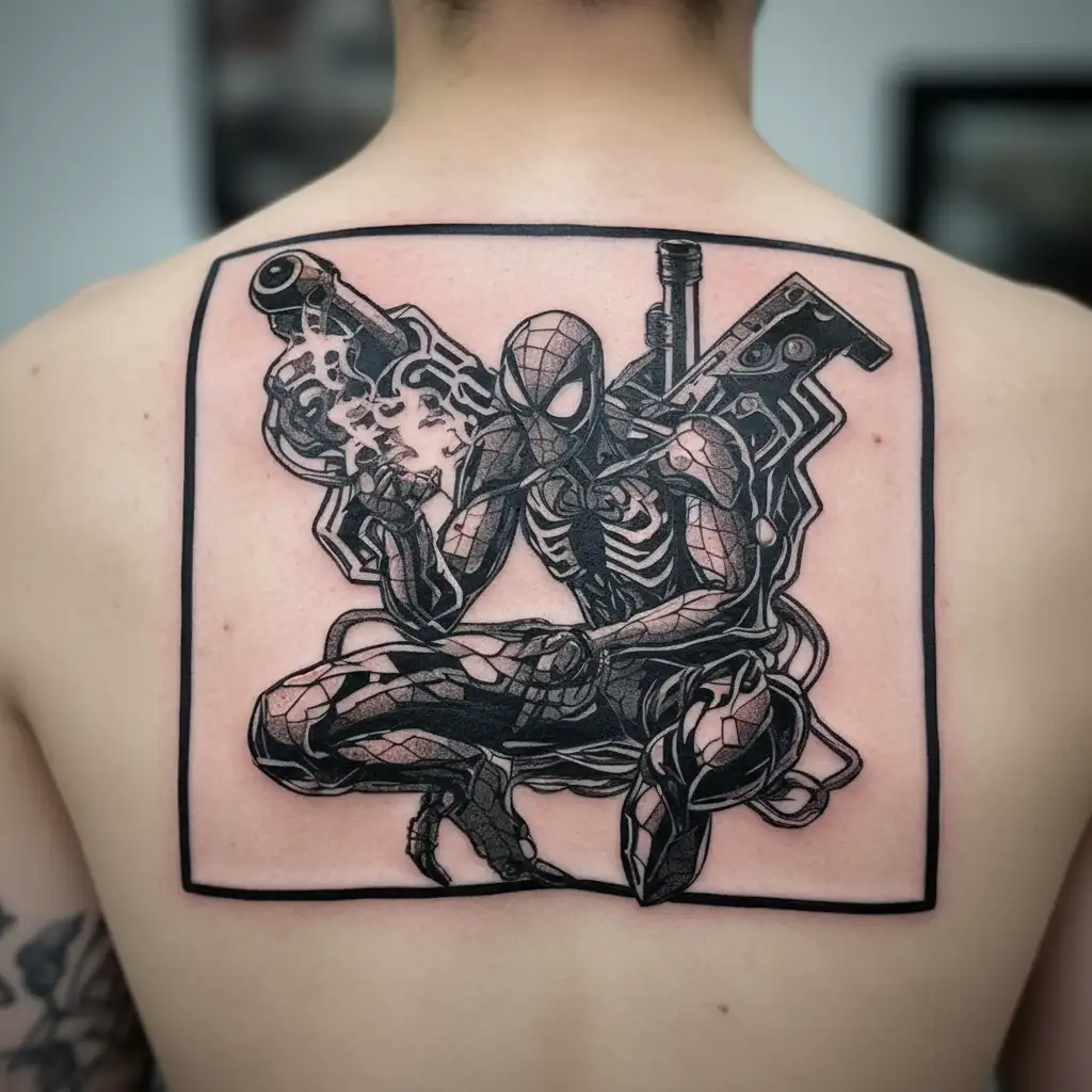 Spiderman in a futuristic robotic suit smoking tattoo design idea