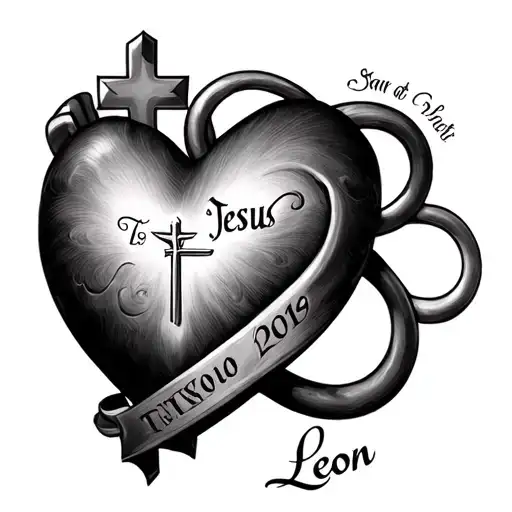 A tattoo of a heart with an infinity sign, including a cross for Jesus, the name 'Leon' and his birth tattoo design idea