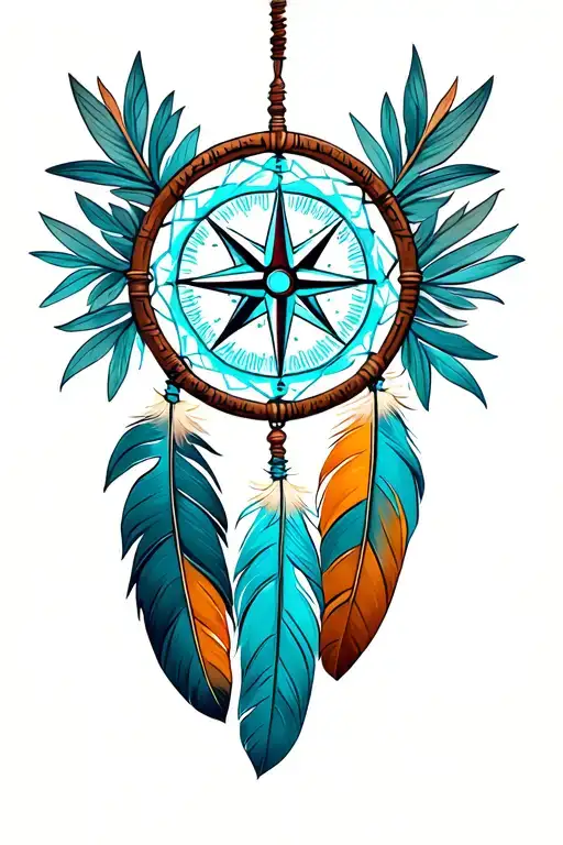 feather mountain compass dream catcher turquoise tattoo design idea