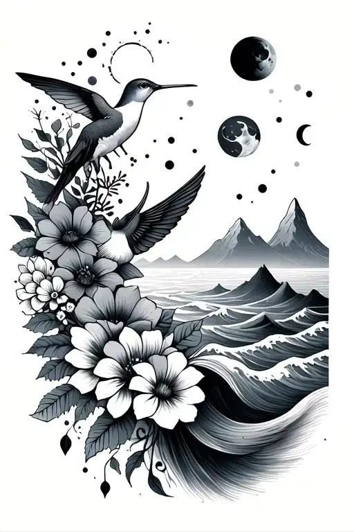 fine line vertical spine tattoo with flowers, hummingbird, moon phases, the sun, waves, mountains  tattoo design idea