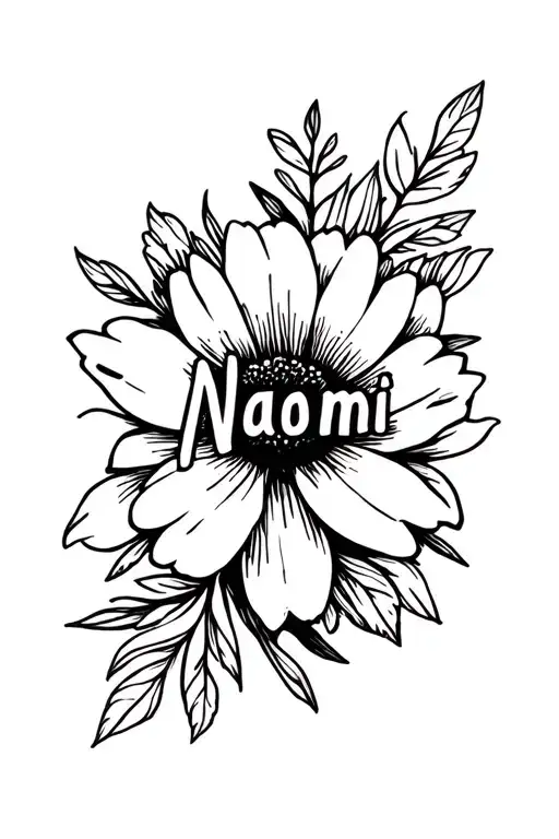 Naomi name written into a flower surrounded tattoo design idea