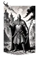 a knight surrounded by a burning village with broken shackles dangling from his wrists tattoo design idea