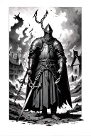 a knight surrounded by a burning village with broken shackles dangling from his wrists tattoo design idea