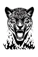 black panter face and human face angry with fire underneath the face  tattoo design idea