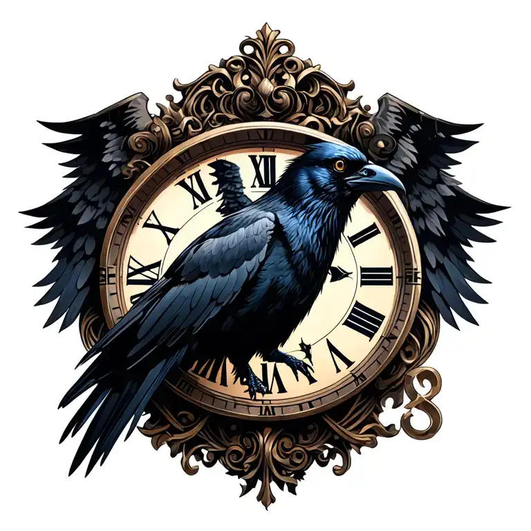 realistic raven in tatical battle gear clothes with a roman numeral clock face in the backgrouns tattoo design idea