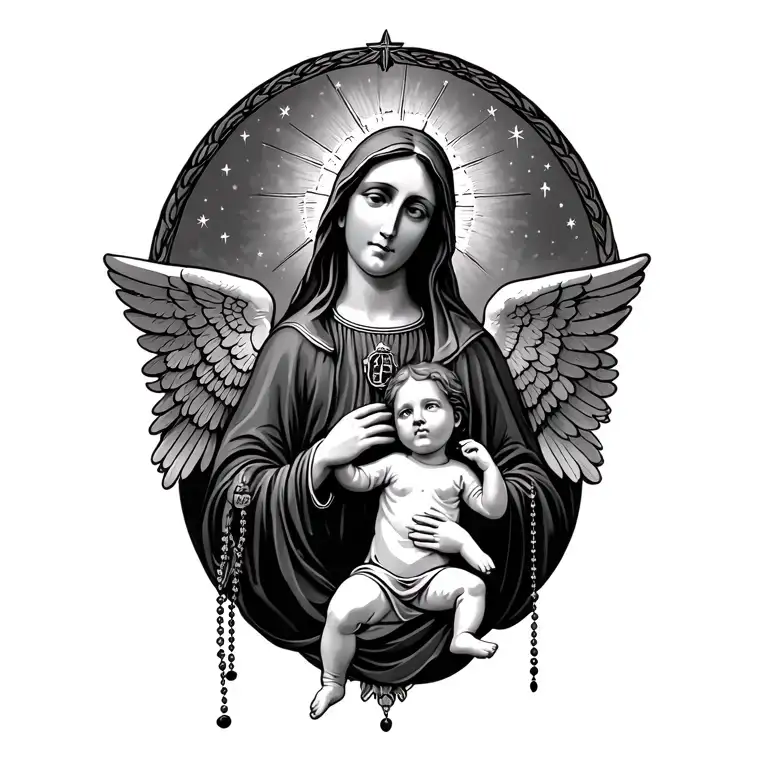 virgin mary with rosary and weeping angel baby below holding her  tattoo design idea