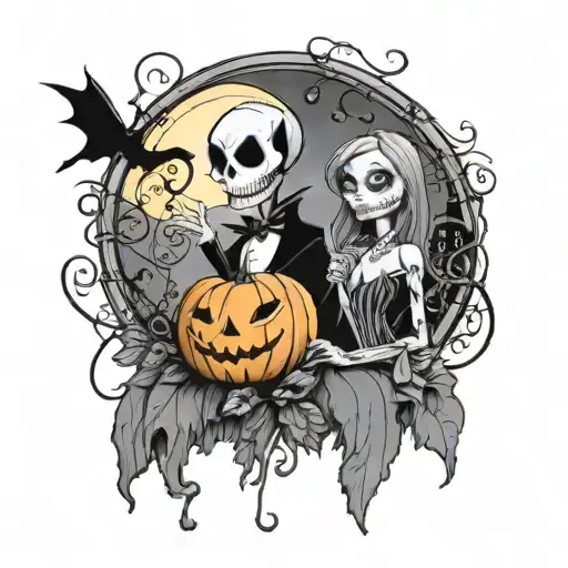 jack Skellington Sally side profile with dog zero handing a pumpkin with webs nightshade thorn vines chandelier swirls tattoo design idea
