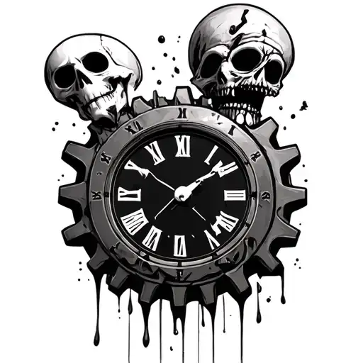 salvador dali melting clock with gear with jack skeleton in a realism style and black and white with grey shadow on shou tattoo design idea