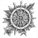 wooden pirate ship wheel with “Fish” engraved tattoo design idea